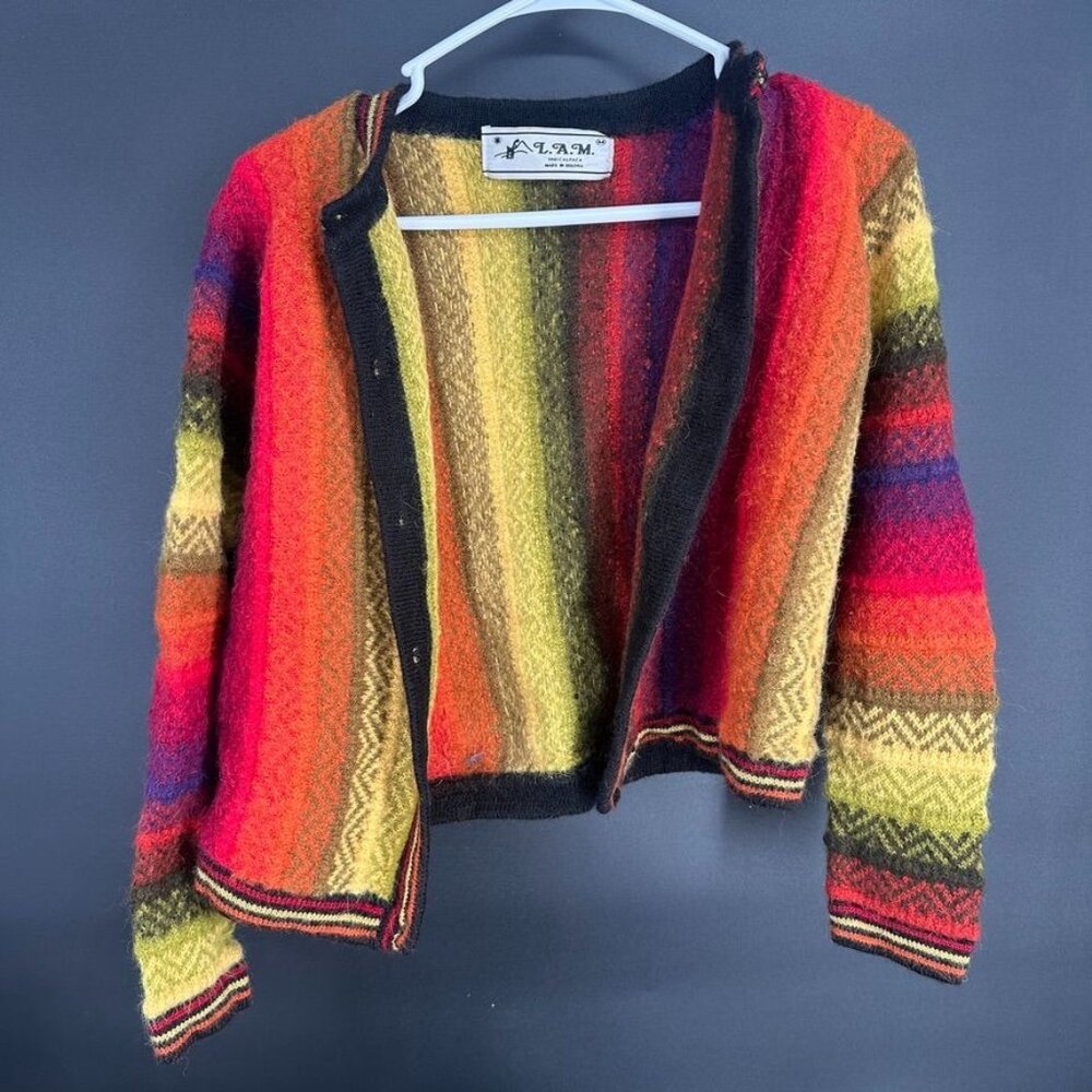 Alpaca Colorful Striped Cardigan Size Medium 100 Alpaca Wool